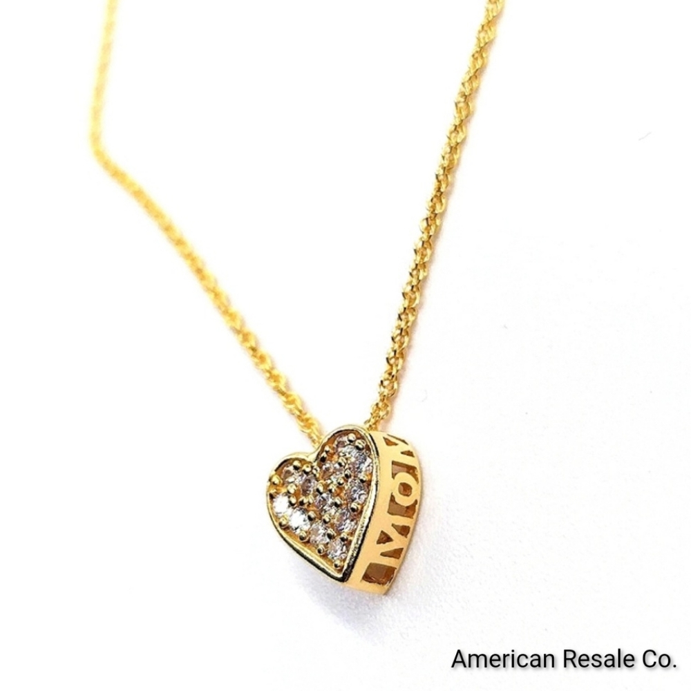 14K Gold Plated Sterling Silver Pave Cubic Zirconia Heart "MOM" Necklace .925 - Picture 2 of 4